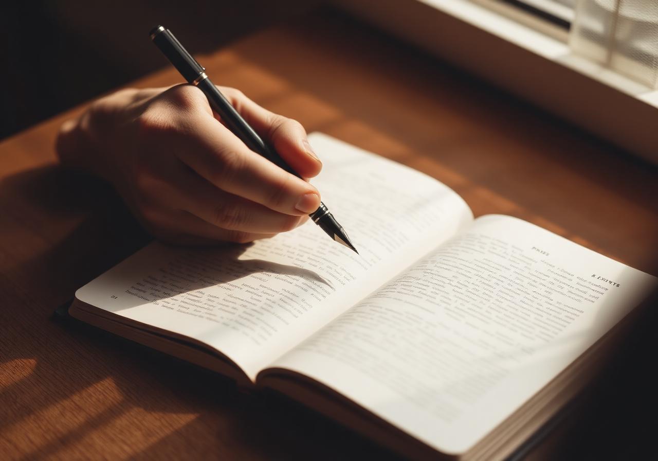 Hands writing in a leather journal